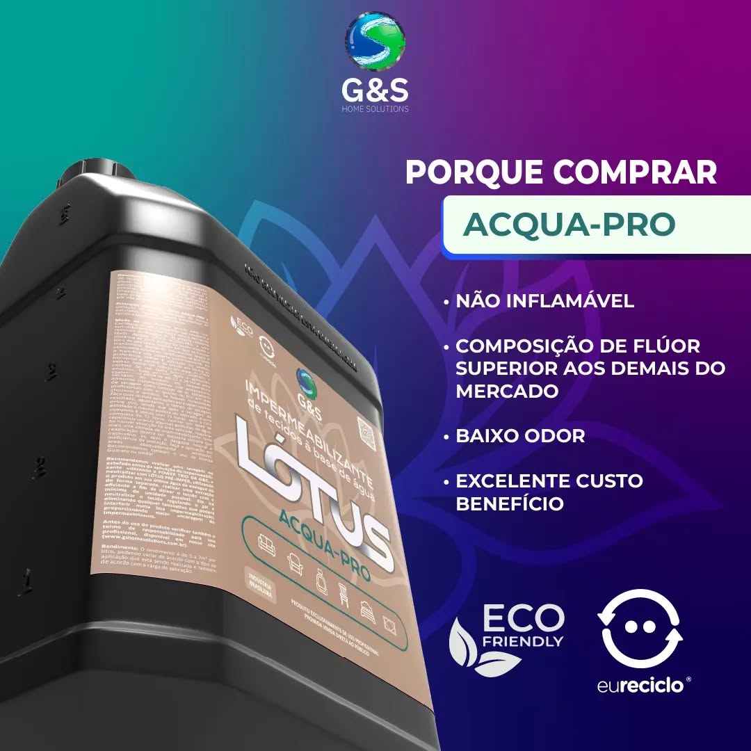 LÓTUS ACQUA-PRO é um protetor de tecidos a base de água, que oferece um efeito hidrofugante ao tecido, retardando a penetração de líquidos a base de água, evitando manchas nas fibras e facilitando a limpeza e conservação do tecido.